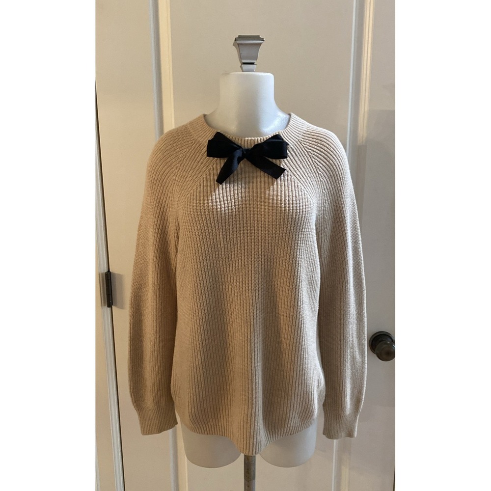 J.Crew Camel Beige Sweater Black Bow Size Small Cotton Wool Merino Blend Crew